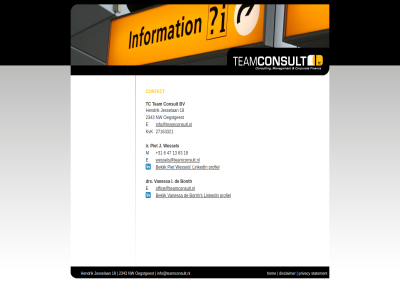 +31 13 18 2343 27163321 47 6 63 bekijk bonth bv consult contact disclaimer drs e hendrik hom i info@teamconsult.nl ir j jesselan kvk linkedin m nw oegstgeest office@teamconsult.nl piet privacy profiel s statement tc team vanessa wessel wessels@teamconsult.nl