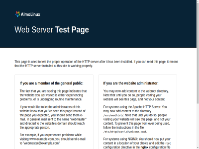 /etc/httpd/conf.d/welcome.conf /etc/nginx/nginx.conf /var/www/html a administrator after almalinux and and/or apach appropriat are at availabl being ben can configuration content countries directed do documentation domain e e-mail either ever exampl expected experienc experienced f5 fact fil follow for foundation from general has http if inc indicates information installed instead instruction it just know let lik mail maintenanc mean member nam network nginx not on operation or other pag peopl person pleas prevent problem proper properly public reach read registered rot routin s see seeing sen send sent server should sit so softwar states test that the them this to trademark undergo united until used ve visit visited web webmaster webmaster@example.com websit whil wiki will working would www.example.com you your