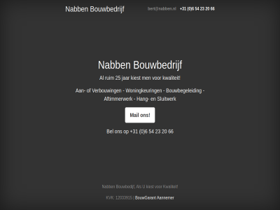+31 0 12033915 20 23 25 54 6 66 aannemer aftimmerwerk bel bert@nabben.nl bouwbedijf bouwbedrijf bouwbegeleid bouwgarant hang jar kiest kvk kwaliteit mail nabb ruim sluitwerk verbouw woningkeur