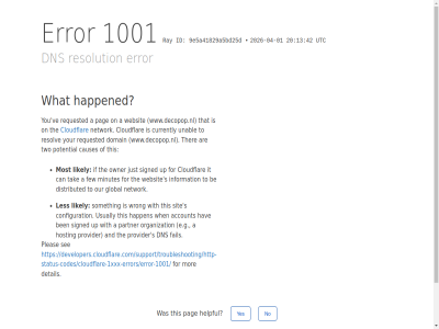 -01 -04 /support/troubleshooting/http-status-codes/cloudflare-1xxx-errors/error-1001/ 1001 13 20 2026 42 9e5 a a41829a5bd25d account and are be ben by can causes click cloudflar configuration currently detail developers.cloudflare.com developers.cloudflare.com/support/troubleshooting/http-status-codes/cloudflare-1xxx-errors/error-1001/ distributed dns domain e.g error fail few for global happen happened hav helpful hosting id if information ip it just les likely minutes mor most network no on organization our owner pag partner performanc pleas potential provider ray requested resolution resolv reveal s security see signed sit someth tak that the ther this to two unabl up usually utc ve websit what when with wrong www.decopop.nl yes you your