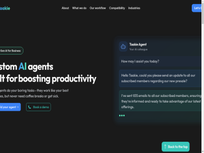+1 -4567 0 036 1 1/10th 123 1339 2 2025 24/7 3 4 48 5 555 6 835 90 a about acros actionabl add additional admin administrativ adres advantag agent ai all almer alon alongsid an analysis analyst analyz and answer are art as assist assistant away back bank bank-level be becaus begin best bogged bok boosting boring break build built busines businesses busywork but by calendar call callback can capabilities challenges channel coffee colleague company compatibility complex complianc compreh comprehensiv connect consistent contact continues convert coordinat cost could creat creating current custom custom-built customer data day delay deliver demand demo deployment design develop development digital directly discovery do does don down each eating efficiently eliminat email employee employes encryption end endles enough ensur enterpris enterprise-grad everywher exist expected experienc expert familiar fast faster financ financial focus focuses follow for fraction from frustration full full-tim gen generat get grad growth handl handling hav hello helper her high high-value highest hiring hour how hr human i identify important improv inbox inboxes industries industry info@taakie.com informed inquiries insight instant instead instruction integrat integration intelligent interaction into it just kep latest lead leading learn leav let level lik link ll location long long-term maintenanc mak mallorcastrat manag management manager may member messag met missing mor most much my nam ned never new newsletter next next-g no not number nurtur objectives offer on one ongoing operat operation opportunities optimally optimization or organized our perform performanc personalized phon pil planning pleas prefer presal pric prioritized proces processes productivity prospect prov provid quality question quick rang raw re reach ready real really refinement regard relationship repetitiv report request requirement reserved resources responsibilities result right rigorous rising routin run s saf 