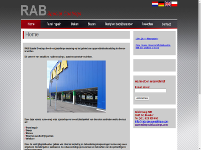 +31 -01 -2014 16 1695 22r 623 650 959 aanbied aanmeld adres afgestemd bedrijfspand behandelingstoepass behoeft beplat bestat betrouw blaz blokker branches coating dak dienst dienstenpakket diver e e-mail ervar garandeert gd gebied gecertificeerd gewerkt gildenweg hom info@rabspecialcoatings.com innovatiev jarenlang kennis lever maatwerk mail milieuvriend min mogelijk natlak nieuwsbrief offshor onz opdrachtgever oploss oppervlaktebehandel overlast panel partner poedercoat rab repair restyl rubbercoat servic snell special tel totaalpakket uitgangspunt uitgebreid vakbekwam varieert vca veelzijd verantwoord verzink volled welk wens wij wijz www.rabspecialcoatings.com