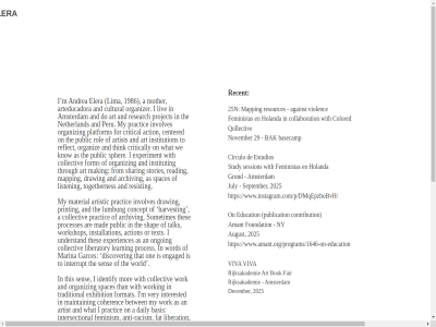 -2014 /p/dmqepzhobvh/ /programs/1646-on-education 1986 2008 2012 2016 2017 2018 2020 2023 2025 25n 29 a action activism against amant among amsterdam an and andrea andrea.elerac@gmail.com anti anti-racism appl archiv are art arteducadora artez artist artistic as assistant at august ba bachelor bak basecamp basis betwen bok casa centered childr chos circulo coherenc collaboration collectiv colored concept contemporary contribution coordinator creation critical critically cultural curator currently daily december department discover do doubl drawing education educational educator elera engaged estudios exhibition experiences experiment extractiv fair fat feminism feministas for form format foundation founded framed framer from garces garland grond group harvest hav head holanda i identify imaginart inclusion installation institut institution interested interrupt intersectional involves july justic know learning liberation liberatory lima listen liv luis lumbung m mad maintain making mali many mapping marina master material miraflores miro mor mother multivocality municipality museum my netherland non non-extractiv november ny on one ongoing or organiz organizer other participat pausa performanc permeat peru platform practic printing proces processes programm project public publication pucp qollectiv quesada racism reading recent reflect research resist resources rijksakademie rma rol runned sala search sen september session shap shared sharing social sometimes spac spaces spher stories studies studies-uva study such talk text than that the thes think this through to togethernes traditional understand uva very violenc visual viva we well what with word work worked working workshop world www.amant.org www.amant.org/programs/1646-on-education www.instagram.com www.instagram.com/p/dmqepzhobvh/