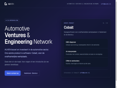 ai ai-interpretatie automotiv auv be benelux bereik bouwt brug cobalt contact context crm diagnos direct een eerst enginer foutcodes garagesoftwar gewon historie info@auven.nl interes interpretatie introductie investeert klant mak meetwaard nederland nem network nl obd obd-diagnos onafhank ontwikkel oorzak plek product sector sit softwar uitlez ventures vervolgstap voertuig vrag waarschijn we werkorder werkplaats werkplat