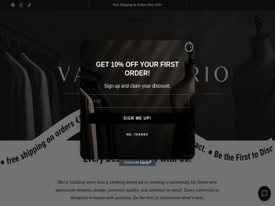 1 10 50 a and appreciat attention be brand building cart claim clos clothing collection community content creating day design designed detail dialog discount discover email every experienc facebok first for free get hou hous impact in-hous instagram log maximum min minimal mor new next no off on order our premium purpos quality re s sav shipping sign skip start than thank the thos tiktok timeles to today up us vallencerio we welcom what who with your