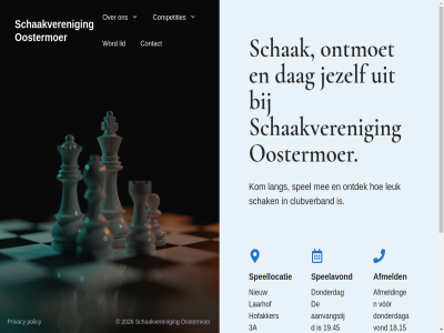 18.15 19.30 19.45 2026 3a 9471 aanvangstijd afmeld clubverband competities contact dag donderdag donderdagavond ga ha hofakker huiz inhoud jezelf kom laarhof lang leuk lid mee nico nieuw ontdek ontmoet oostermoer open policy privacy schaakveren schak speelavond speellocatie spel uur vanaf vor word zal zuidlar