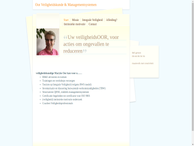 -44 06 2012 56 86 9001 acties afleid begeleid bel bezwar certificatie coach contact creativiteit e gerust integral intrinsiek inventarisatie iso klasser m.oor maatwerk managementsystem maryk middel missie model motivatie onderzoek ongevall oor qhse reducer ri rws start structurer tbw toets toezien training uitvoer veilig veiligheidskund veiligheidsor veiligheidsprofessional verzorg volgen werkomstand workshop