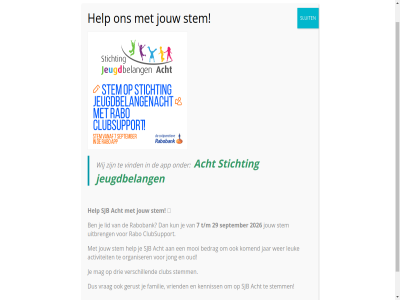 -2027 2026 29 7 aanmeld aanmeldpagina acht activiteit allemal allerlei app bedrag bekend bekijk belev bent bingoavond blijf club clubsupport content controler drie eerst familie fotoboek gerust grot help hoi hoogt ieder informatie jar jeugdbelang jong jouw kalender kenniss kinder klein klik komend kun leuk lid mag meedoen mogelijk mooi nieuw nodig ontdek organiser oud planning plezier programma rabo rabobank schooljar search september sjb sjb-programma skip sluit snel stan stem stemm stichting superleuk t/m to toff tuss uitbreng verplicht verschijnt verschill vind volop voorinschrijv vrag vriend war we welkom wer wij wil word ziet zit