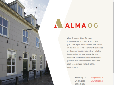 0252 050 2161 225 431 actief alma aspect b.v beher belegger bg bollenstrek bouwtechnisch combiner commerciel duin duurzam eindbelegger goed haarlem heereweg info@alma-og.nl invester juridisch kennis langetermijnvisie leid lis marktinzicht modern ondernem onroer onz portefeuill regio stur vastgoed versterk waardecreatie wij www.alma-og.nl