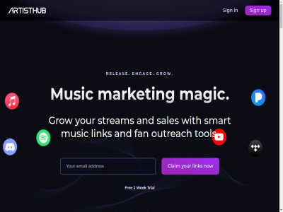 2 2026 all and artisthub condition engag fan free grow link log magic market music outreach policy pricing privacy releas reserved right sales sign smart stream term tol trial up wek with your