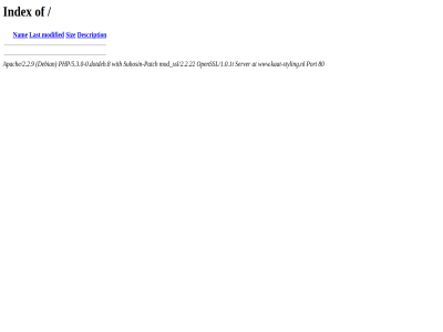 80 apache/2.2.9 at debian description index last mod modified nam openssl/1.0.1t patch php/5.3.0-0.dotdeb.8 port server siz ssl/2.2.22 suhosin suhosin-patch with www.kaat-styling.nl