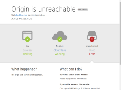 -07 -09 07 15 2026 26 523 a a373ec0aee0935c3 again alluma.nl and are browser by can caus check click cloudflar cloudflare.com cod common confirm contact correct could dns do error few for frankfurt happened host hosting i id if incorrect information ip listed mak mean minutes mor most not origin owner pag performanc pleas provider ray re reach reachabl record reveal security server setting sur that the then this to try unreachabl utc visit visitor web websit what working www.alluma.nl you your
