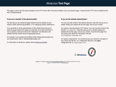 /etc/httpd/conf.d/welcome.conf /etc/nginx/nginx.conf /var/www/html a administrator after almalinux and and/or apach appropriat are at being ben can configuration content countries directed do domain e e-mail either ever exampl expected experienc experienced f5 fact fil follow for foundation from general has http if inc indicates information installed instead instruction it just know let lik mail maintenanc mean member nam network nginx not on operation or other pag peopl person pleas prevent problem proper properly public reach read registered rot routin s see seeing sen send sent server should sit so softwar states test that the them this to trademark undergo united until used ve visit visited webmaster webmaster@example.com websit whil will working would www.example.com you your
