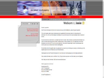 00 1/7/2003 1017 113 31 53 6 744850 aanmerk adres afsprak all allen amsterdam bancair bankkost bedrijfslev bedrijv beheers bereik bespar billbox contact development dienst diensten/producten drs e e-mail egi elektronisch financ gegeven genoemd giral grot had huidig informatie issie j klick kom kort kost kunt lanceert levert logistiek mail mak mevr mogelijk multinational nieuw noorderstrat nota opnem per proost proost@issie.nl reductie renteverliez s samengevat servic status termijn toe tt uitleg verder websit werkt