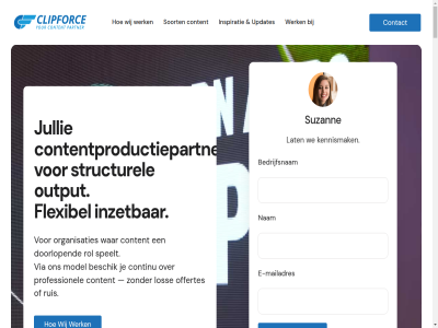 +31 20 2026 35 72 773 all bedrijfsnam bel beschik clipforc contact content contentproductiepartner continu daarom doorlop e e-mailadres flexibel ga gegeven grag help inhoud inspiratie inzet job jullie kennismak kiez klant lat los mail@clipforce.nl mailadres model nam nieuw offertes organisaties output partner play pres professionel rol ruis soort speelt structurel suzann tip updates us veilig verwerkt via war we werk wij