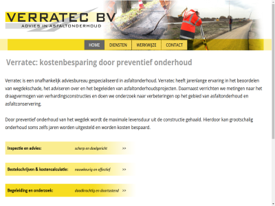 -619 0172 235 2410 47 89 aa adviesbureau adviser asfaltconserver asfaltonderhoud asfaltonderhoudsproject begeleid beoordel bespaard bodegrav bv constructie contact daarnaast dammekant dienst draagvermog e e-mail ervar gebied gehaald gespecialiseerd grootschal hierdor hom info@verratec.nl jar jarenlang kost kostenbespar levensdur mail maximal meting onafhank onderhoud onderzoek postbus preventief som tel uitgesteld verbeter verhardingsconstructies verratec verricht we wegdek wegdekschad werkwijz zelf
