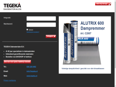 030 0492 228 40 b.v bestell dakbedek dakisolatie dakmaterial dakshop de email gecertificeerd info@tegeka.nl inlogcod jar leverancier lichtkoepel material opslan privacy specialist tegeka tel telefon uitsluit verget verklar via wachtwoord web webshop www.tegeka.nl