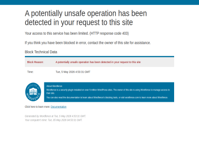04 05 2026 31 4 403 5 53 a about acces also assistanc at ben block blocked blocking by can click cod computer contact data detected documentation error for forbid generated gmt has hav her http if installed learn limited manag may million mor on operation or owner plugin potentially read reason request respon s security servic sit sites technical the their think this tim to tol tue unsaf using visit wordfenc wordfence.com wordpres you your
