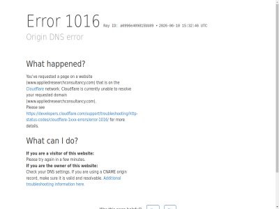 -06 -10 /support/troubleshooting/http-status-codes/cloudflare-1xxx-errors/error-1016/ 1016 15 2026 32 46 a a0996e409815bb89 additional again and are by can check click cloudflar cnam currently detail developers.cloudflare.com developers.cloudflare.com/support/troubleshooting/http-status-codes/cloudflare-1xxx-errors/error-1016/ dns do domain error few for happened helpful her i id if information ip it mak minutes mor network no on origin owner pag performanc pleas ray record requested resolv resolvabl reveal security see setting sur that the this to troubleshot try unabl using utc valid ve visitor websit what www.appliedresearchconsultancy.com yes you your