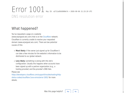 -06 -08 /support/troubleshooting/http-status-codes/cloudflare-1xxx-errors/error-1001/ 1001 2026 21 23 29 a a2711a5b5d980e7e account and are be ben by can causes click cloudflar configuration currently detail developers.cloudflare.com developers.cloudflare.com/support/troubleshooting/http-status-codes/cloudflare-1xxx-errors/error-1001/ distributed dns domain e.g error fail few for global happen happened hav helpful hosting id if information ip it just les likely minutes mor most network no on organization our owner pag partner performanc pleas potential provider ray requested resolution resolv reveal s security see signed sit someth tak that the ther this to two unabl up usually utc ve websit what when with wrong www.arjanjpost.wix.com yes you your