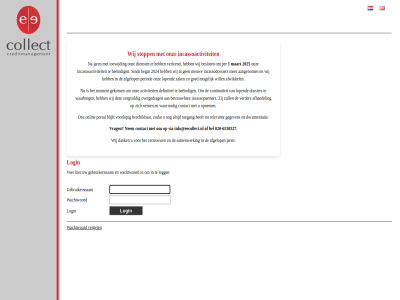 -6538327 020 1 2024 2025 aangenom activiteit afgelop afhandel afwikkel beeindig begin bel beschik beslot betrouw blijft collect contact continuiteit dank definitief dienst documentatie dossier e gebruikersnam gegeven gekom goed incassoactiviteit incassodossier incassopartner info@eecollect.nl jar logg login lopend maart mogelijk moment nem nieuw nodig onlin onz opnem overgedrag per period portal relevant samenwerk sind stopp toegang toewijd verder verget verleend vertrouw via voer voorlop vrag waarborg wachtwoord war wij will zak zodat zorgvuld zull