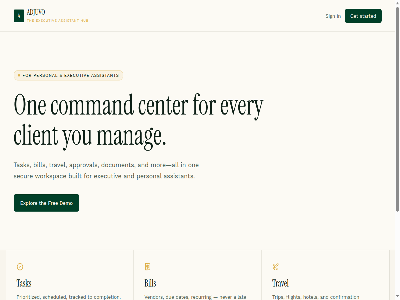 2026 a adjuvo all and approv approval assistant bill built categorized center changes client client-sid command completion confirmation dates declin demo discretion document due every executiv explor flight for free get hotel hour hub lat manag monthly mor never number one or payment personal prioritized recurr request scheduled searchabl secur sid sign sped start/stop started task tast the tim timer to total tracked travel trip upload vendor workspac you