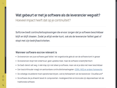 100 22301 aanton act act-vrij afgift afhank afneemt ai ai-component allen bedrijfsactiviteit bedrijfskritisch belangrijkst beschik bevat biedt blijft blijv broncod cloud clouddienst cloudsecur complianc component continuiteit continuiteitsmaatregel continuiteitsoploss data datacenter deponer depot dienst direct dora draai e2ee een eig ervor escrow escrowregel eu eu-datacenter eu-hosted failliet faillissement faillissementsboedel framework gat gebeurt geborgd gebruik gevar hoevel hosted impact infrastructur inhoud iso it it-risicomanagement jij jouw juridisch kenmerk klap knowledg komt kostenstructur kunt leverancier levert lock lock-in maakt mak modelgewicht net nis2 onderdel onderhoud ongestoord onz operationel opslag overeenkomst patriot periodiek praktijk rechthebb regel relevant rest risicomanagement s saas-dienst sas soeverein softcrow softwar softwareleverancier standaard stopt technisch toegang toezichthouder traditionel transparant uitpak updates usa valt vendor verder verkoopargument verzorgt volled vraagt vrij wanner waterdicht weg wegvalt werkt wij zelf zero zero-knowledg zodat zorg