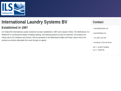 +31 0 05045739 1987 391 572 8141 818 9 a agent and antilles ar are aruba as based ben bv caribbean cleaning coc contact deliverabl directly established from has heino holland ils international laundry leading machinery mainly most netherland nl008771844b01 oosteind orders@ilsholland.com our product professional retailer sold specialist stock surinam system the through vat washing we well wher www.ilsholland.com