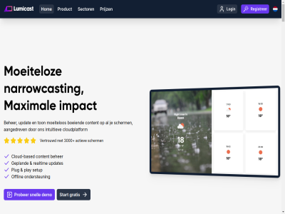 00 085 2026 30 3000 33 61477796 82 860 99.9 aangedrev aanschaff aansluit achtig actiev actuel afstand agenda agendas/roosters aj3j2 algemen all amazon android app apparat auto automatisch b.v based bedrijv begin beher bekijk benieuwd betalingsgegeven bewegwijzer bewez binn blijft boeiend bred browser cloud cloud-based cloudplatform combiner contact content daarnaast dat data del demo digital direct docent doe doet download driv drive-acht eenvoud eig elk enkel erg fir functies functionaliteit gebruik gebruiksvoorwaard gebruiksvriend gebruikt georganiseerd gepland gestructureerd gezondheidszorg ging goed googl gratis grot hardwar hdmi hebt hierdor hieronder hom huidig impact informatie informer instell integraties interfac internetverbind intuitiev jj3qp jouw kantin kantor klar koppel koppelcod kun kunt kvk lang lat leerling lijn linux login lumicast macos mak mapp maximal media middel minder minut moeitelos moeiteloz moet mur nam narrowcast nieuw nodig offlin ondersteun onderwijs onduid onlin onoverzicht ontdek oploss overzicht pages patient pi plan planningsmog platform play player plek plug praktijk praktijkvoorbeeld prijz prikbord privacybeleid prober product proefperiod professionel profiter px129 raspberry realtim receptie registrer retail roadmap roosterinformatie s saai sam samengesteld scala scherm schol sector setup sla snell softwar specifiek sprek stan start status stel team@lumicast.com tel ter tijd tiz to toe ton tv typ uitgebreid uitgeprint uitzend uniek up up-to-dat updat updates uptim vanaf veelgesteld verander verbind verbindt vergaderruimt verkort verouderd verschill vertrouwd vind voeg voel voldoet volgend voordel vooruit vrag waarom wachtruimte/receptie wachttijd webos wereld werk werkt window zermelo ziekenhuiz zien zoal