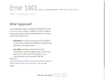 -02 -23 /support/troubleshooting/http-status-codes/cloudflare-1xxx-errors/error-1001/ 1001 13 14 2026 22 9d2707eaed092282 a account and are be ben by can causes click cloudflar configuration currently detail developers.cloudflare.com developers.cloudflare.com/support/troubleshooting/http-status-codes/cloudflare-1xxx-errors/error-1001/ distributed dns domain e.g error fail few for global happen happened hav helpful hosting id if information ip it just les likely minutes mor most network no on organization our owner pag partner performanc pleas potential provider ray requested resolution resolv reveal s security see signed sit someth tak that the ther this to two unabl up usually utc ve websit what when with wrong www.filmiteiten.nl yes you your