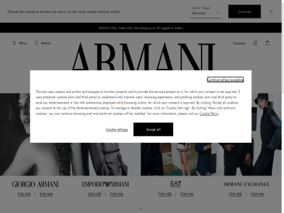 2025 accept account advertisement aforementioned all allow analytical and are area armani armani.com authenticity be browsing buy by can card carer chos click clicking company consent contact content continue cookie cookies copyright country day digital disabl displayed do email english eur experienc faq footer for free function germany giorgio greeting help her him homepag improv information ing installed it legal lin local location locator logged logged-in manag menu mor my ned newsletter not official on onlin only or order our own party pleas policy preferences present privacy profil properly provid refund region required reserved return right s s.p.a sal search send services sett setting shipping similar sit skip stor technical technologies term territory the third this to today track understand us use user uses values view visit websit which whil will with without wom you your