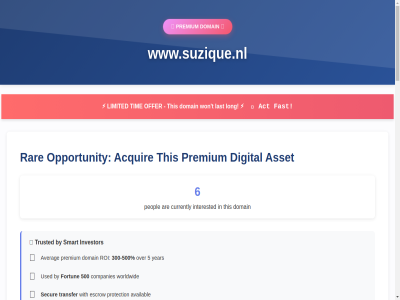 -25 -500 10 100 15 2026 24 300 4 5 500 6 a acquir acquisition acros act addres advantag all an and annually appreciat are asset availabl averag back befor branding by command companies competitiv competitor consideration credibility currently day digital do domain driving email escrow eur expen family fast faster first for forever fortun from full get global gon guarantee higher hour immediat increas inquiries instant interested investment investor it languages last limited long makes market memorabl moat money money-back my nam names not now offer on onc one only opportunity organic own ownership peopl perfect power premium priority process professional protection rank rar receiv recognition reserved respect respon result right roi s sav search secur security seo serious servic short smart submit support t the this thousand tim tip traffic transaction transfer trust trusted used value verification verified what why with within won work worldwid www.suzique.nl year you your