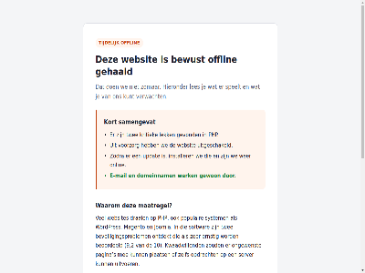10 16.00 2 9 andersom begrijp beoordeeld bereik beveiligingsproblem bewust breng daarna daarom dank detail digid direct domeinnam draai e e-mail eerst ernstig geduld gehaald gesprok gevond gewon ging hieronder informatie installer joomla kamer ker klar kort kritiek kunt kwaadwill lek lekt les maatregel magento mail maker mee melding mijnover nem net nieuw normal officiel offlin ongewenst onlin ontdekt ontwikkelar onzeker opdracht oploss pagina pas php plaats populair rond s samengevat server slot softwar speelt stan system tijdelijk twed twee uitgeschakeld uitvoer updat uur vanmiddag verschijnt vervel verwacht voer voldoend volgen voordat voorzorg waarom wacht wanner we websit websites wer werk wij wordpres zeker zelf zer zodra zomar zoud