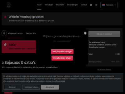 0.00 00 16 19 30 63 a accepter actie advertenties afhal analytic beher beoordel best bestel bestell bezorg box celebration chopstick contact cookies daarnaast ervar ervor extra gebruik gepersonaliseerd gerecht geslot gewenst hoevel hom huidig icoontj informatie instell kiez klik korting krijgt kunt leg liever maki market menu menukaart moment nederland nigiri officiel onlin onz party privacybeleid roll royal s salades sashimi services sojasaus special sushi third third-party toe total vandag verbeter vind voeg vooruitbestell vroomshop websit weiger wij wilt winkelwag wrap zorg