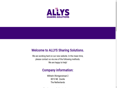 +31 0 15 2 38 444 8013 82831238 85 allys are chamber commerc company contact contact@allyssharing.com email follow happy hard help id information mean method ne netherland new nl862620612b01 on one our phon pleas rontgenstrat sharing solution the tim to us vat via we websit welcom wilhelm working zwoll