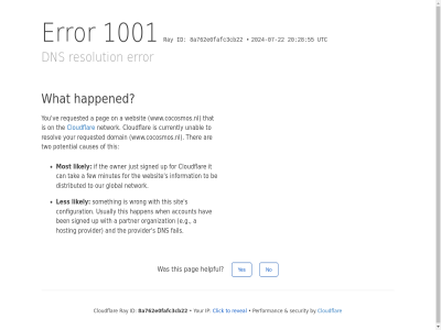 -07 -22 1001 20 2024 28 55 8a762e0fafc3cb22 a account and are be ben by can causes click cloudflar configuration currently distributed dns domain e.g error fail few for global happen happened hav helpful hosting id if information ip it just les likely minutes most network no on organization our owner pag partner performanc potential provider ray requested resolution resolv reveal s security signed sit someth tak that the ther this to two unabl up usually utc ve websit what when with wrong www.cocosmos.nl yes you your
