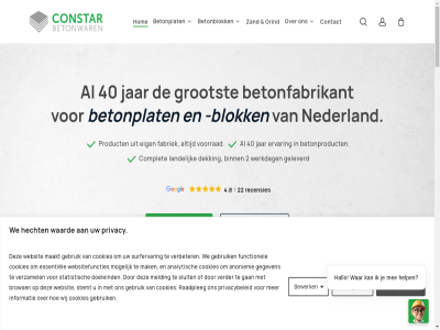 0 0344 1985 2 2026 22 222 4.8 40 611 abc accepter account afhank afmet afwijz algemen analytisch anoniem aslast bedrijfsvloerplat beher belast bestand bestell betonblok betonfabrikant betonn betonplat betonproduct betonwar bewerk bezoek bijvoorbeeld binn blog blok breng brows bv complet constar constar.nl contact content cookie cookies cookieverklar dagelijk dekking desgewenst dikt diktes diver doeleind eenvoud eig email en/of ervar essentiel fabriek facebok functionel gan garantievoorwaard gebruik gegeven geleverd gewenst grind grootst grot hallo hecht help herlegg herplaatst hom indien informatie instagram inzet jar kabel kennisbank landelijk later legg legvoorschrift leiding linkedin locaties maakt main mak mat mee meest melding mogelijk mortel navigatie nederland onderdel onz phon plat prefab privacy privacybeleid produceert producent producer product project raadpleg recensies retour sam search sind skip sluit statement statistisch stemt surfervar tijdstip to toepass uiteenlop varier verbeter verder verhard verkoop@constar.nl verschill verzamel vier vloer voorrad voorwaard waard war we websit websitefuncties wer werkdag wij zand zoek