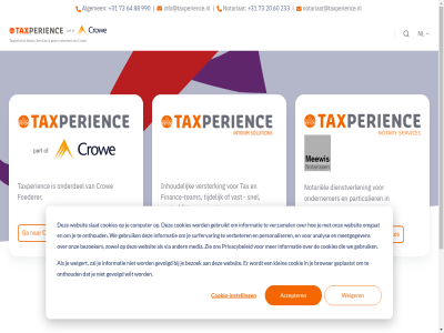 +31 20 2026 233 60 64 73 88 990 accepter advertis algemen analys b.v begrijp bezoek bezoeker browser capital computer cookie cookie-instell cookies copyright crow dienstverlen financ finance-team foederer ga gebruik gebruikt geplaatst gevolgd info@taxperience.nl informatie inhoud instell interim klein mat media meetgegeven n.v nl notariaat notariaat@taxperience.nl notariel notary omgat onderdel ondernemer onthoud onz particulier personaliser privacy privacybeleid services slat snel solution statement surfervar tal tax taxperienc team tijdelijk vast verbeter versterk verzamel via voorwaard we webdesign websit weiger weigert wilt zie zorgvuld zowel
