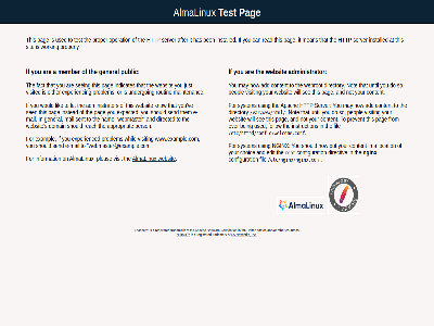 /etc/httpd/conf.d/welcome.conf /etc/nginx/nginx.conf /var/www/html a administrator after almalinux and and/or apach appropriat are at being ben can configuration content countries directed do domain e e-mail either ever exampl expected experienc experienced f5 fact fil follow for foundation from general has http if inc indicates information installed instead instruction it just know let lik mail maintenanc mean member nam network nginx not on operation or other pag peopl person pleas prevent problem proper properly public reach read registered rot routin s see seeing sen send sent server should sit so softwar states test that the them this to trademark undergo united until used ve visit visited webmaster webmaster@example.com websit whil will working would www.example.com you your