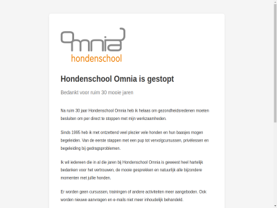 1995 2026 30 aangebod aanvrag activiteit afscheid all baasjes bedank bedankt begeleid behandeld besluit bijzonder cursuss dankbar direct e e-mail eerst fantastisch gebracht gedragsproblem gesprek gestopt gezondheidsreden goed groet hartelijk hel helas hond hondenschol iederen inhoud jar jullie kijk mail marja moet mog moment mooi natur nem nieuw omnia ontzet per plezier priveless pup rijn ruim sind stapp stopp terug toe training vel verdriet vertrouw vervolgcursuss vooral wen werkzam zovel