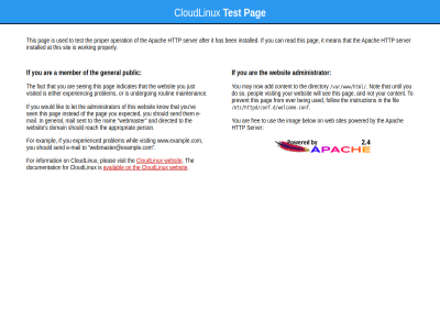 /etc/httpd/conf.d/welcome.conf /var/www/html a add administrator after and apach appropriat are at availabl being below ben by can cloudlinux content directed directory do documentation domain e e-mail either ever exampl expected experienc experienced fact fil follow for free from general has http if imag indicates information installed instead instruction it just know let lik mail maintenanc may mean member nam not now on operation or pag peopl person pleas powered prevent problem proper properly public reach read routin s see seeing sen send sent server should sit sites so test that the them this to undergo until use used ve visit visited web webmaster webmaster@example.com websit whil will working would www.example.com you your