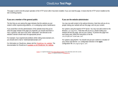 /etc/httpd/conf.d/welcome.conf /etc/nginx/nginx.conf /var/www/html a administrator after and and/or apach appropriat are at availabl being ben can cloudlinux configuration content countries directed do documentation domain e e-mail either ever exampl expected experienc experienced f5 fact fil follow for foundation from general has http if inc indicates information installed instead instruction it just know let lik mail maintenanc mean member nam network nginx not on operation or other pag peopl person pleas prevent problem proper properly public reach read registered rot routin s see seeing sen send sent server should sit so softwar states test that the them this to trademark undergo united until used ve visit visited webmaster webmaster@example.com websit whil will working would www.example.com you your