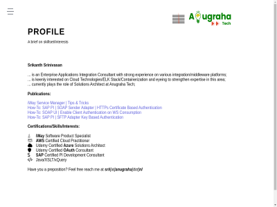 a adapter anugraha architect at authentication aws azur based brief certificat certifications/skills/interests certified client cloud codep codrops/codepen/stackoverflow consultant consumption currently development dot enabl fel free from hav how how-to https inspired iway java/xslt/xquery key manager menu nl oauth on pi play practitioner preposition product profil publication reach rol sap sender servic sftp sit skillset/interests soap softwar solution specialist srii srikanth srinivasan tech the tibco tip to trick udemy ui ws you