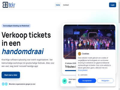 0853016472 1 2026 31 34 7671 aanbevel aanpass accepter akkoord app b.v beher bied blijv brow browse-ervar concert consumpties contact cookies copyright da datasculpt e e-tickr eenvoudigst ervar event event-organisator festival gat gebruik gepersonaliseerd gestart ging grootschal handig handomdraai hom inclusief kaartverkop klaamp kleinschal krachtig lag login maakt meerder navigatie nederland nijverheidsweg oktober onlin onz oploss organisator payment per prijs privacybeleid product sales@datasculpt.nl scann softwar start tarief technologieen ticket tickr tributes vast verbeter vergelijk verkop vriezenven websit weiger workshop