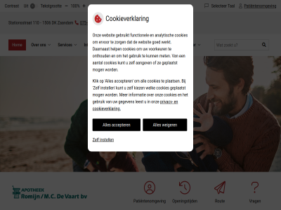 -6531630 -6531636 075 10 100 110 1506 accepter apothek contact contrast cookieverklar dk fax herhaalrecept hom hoofdmenu informatie instell menu openingstijd patientenomgev privacy romijn/m.c rout selecter services stationsstrat submenu tal tekst tekstgrot tel vaart vergrot verklein vrag weiger zaandam zoek