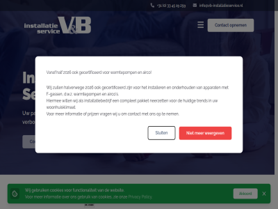 +31 0 19 2026 259 33 45 afwijz airco akkoord apparat b complet contact cookies d.w.z dienst f f-gass functionaliteit gass gebruik gecertificeerd half halverweg hiermee huidig info@vb-installatieservice.nl informatie installatie installatiebedrijf installatieservic installatiewerk installer neerzet nem onderhoud onz opnem pakket partner policy prijz privacy s servic sluit trend v vanaf verbouw vrag warmtepomp websit weergev wij will woonhuisklimat zie zull