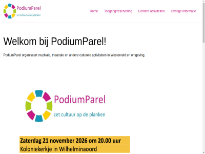 2026 activiteit bercop binnenkort concert copyright cultur culturel cultuurfond eerder fond ga hom info@podiumparel.nl informatie inhoud muzikal nieuw omgev organisatie organiseert over plank podiumparel subsidie theatral toegang/reservering welkom westerveld www.podiumparel.nl zet