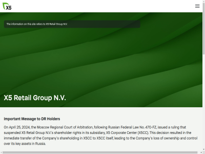 +31 -2026 0 16 20 2015 2024 2025 2026 22 25 26 3 470 7730085 85 a addres agm all and announcement announces april arbitration are asset assum by center company complet completion control corporat court deadlin decision declaration delay depositary direct do dr drs either exercis federal first follow for form forward futur fz going group holder immediat important includ info@x5.com information interest issued it its itself july jun key law leading los mail march messag moscow n.v new no non non-russian not on option or ordinary ownership pres proced proportion receipt receiv refer regional releases request required result resulted retail return right ruling russia russian s september sharehold shareholder shares sit so stag stak@x5.com subsidiary suspended that the their this to transfer transition wer whil wish x5 x5cc