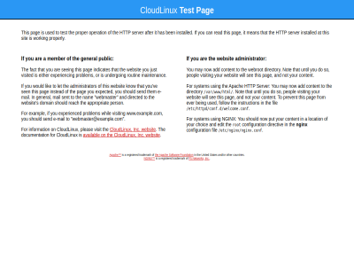 /etc/httpd/conf.d/welcome.conf /etc/nginx/nginx.conf /var/www/html a administrator after and and/or apach appropriat are at availabl being ben can cloudlinux configuration content countries directed do documentation domain e e-mail either ever exampl expected experienc experienced f5 fact fil follow for foundation from general has http if inc indicates information installed instead instruction it just know let lik mail maintenanc mean member nam network nginx not on operation or other pag peopl person pleas prevent problem proper properly public reach read registered rot routin s see seeing sen send sent server should sit so softwar states test that the them this to trademark undergo united until used ve visit visited webmaster webmaster@example.com websit whil will working would www.example.com you your