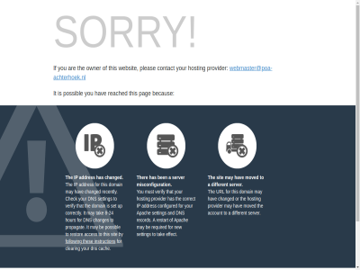 2024 a account addres and apach are be becaus ben cach changed clearing configured contact copyright correct cpanel default different dns domain effect follow for has hav hosting if instruction ip it l.l.c may misconfiguration moved must new or owner pag pleas possibl provider reached record required restart server setting sit sorry tak that the ther thes this to url verify web webmaster@poa-achterhoek.nl websit you your